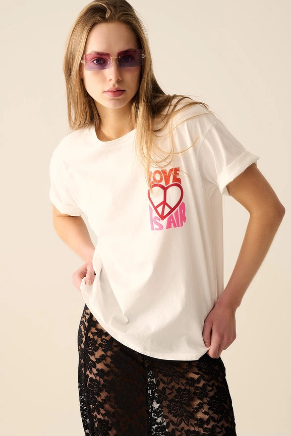 White T-Shirt with Love Is Air and Heart with Peace Logo-T-Shirt-Q2-ONE-WHITE-Urbanheer