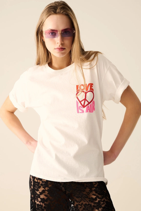 White T-Shirt with Love Is Air and Heart with Peace Logo-T-Shirt-Q2-ONE-WHITE-Urbanheer