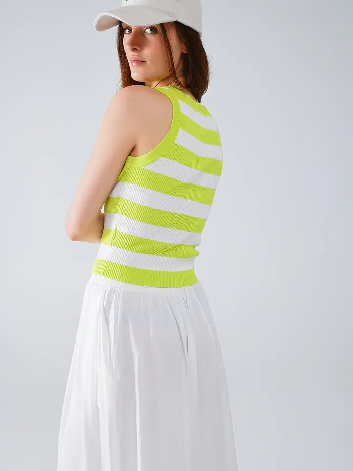 White Tank Top with Wide Stripes in Lime Green-Tank Top-Q2-One Size-Green-Urbanheer