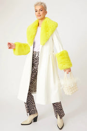 White Yellow Faux Leather Trench Coat with Faux Fur Collar and Cuffs-Faux Leather Coats-Buy Me Fur Ltd-S-M-White / Yellow-Faux Leather-Urbanheer