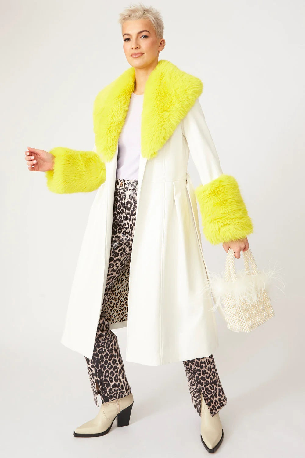 White Yellow Faux Leather Trench Coat with Faux Fur Collar and Cuffs-Faux Leather Coats-Buy Me Fur Ltd-S-M-White / Yellow-Faux Leather-Urbanheer