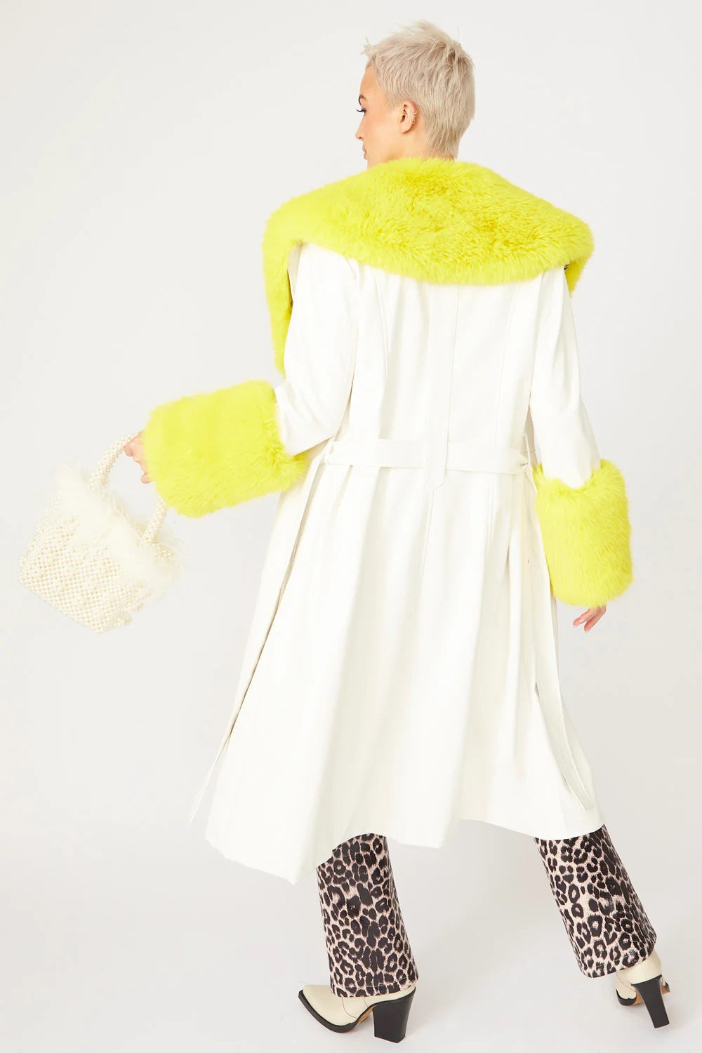 White Yellow Faux Leather Trench Coat with Faux Fur Collar and Cuffs-Faux Leather Coats-Buy Me Fur Ltd-S-M-White / Yellow-Faux Leather-Urbanheer