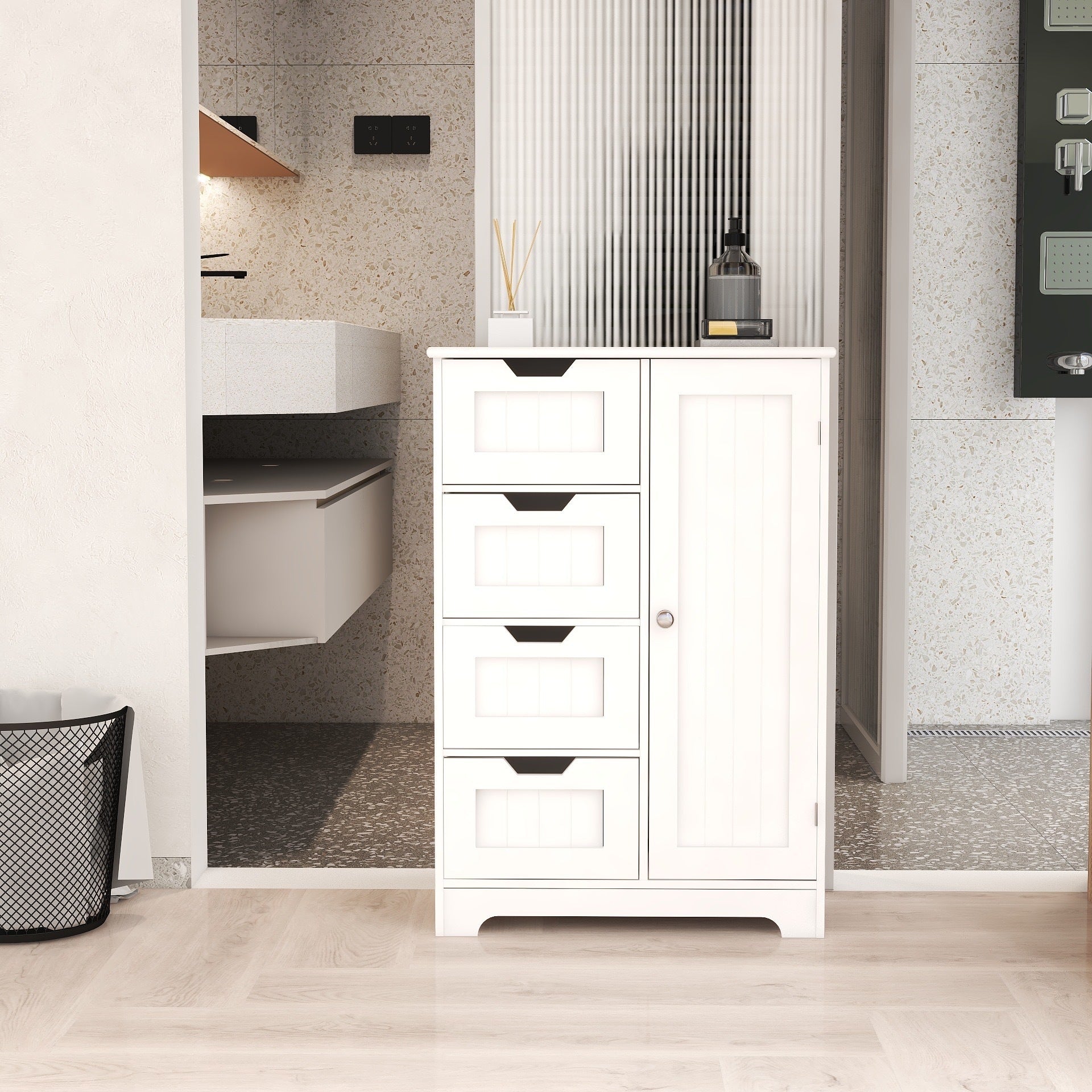 White freestanding floor storage cabinet with adjustable shelves, 4 drawers and 1 door-UH Decor-Default-Urbanheer