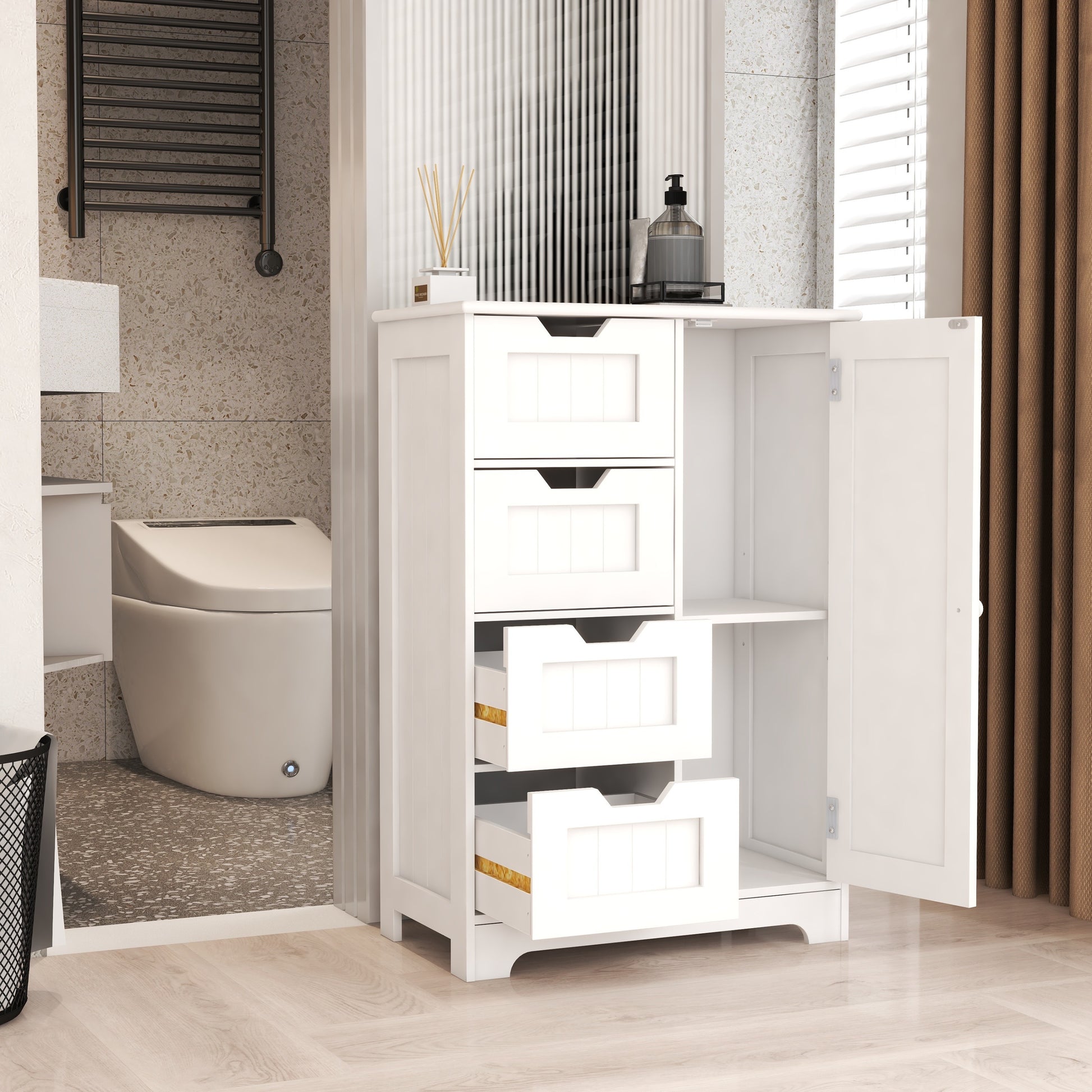 White freestanding floor storage cabinet with adjustable shelves, 4 drawers and 1 door-UH Decor-Default-Urbanheer