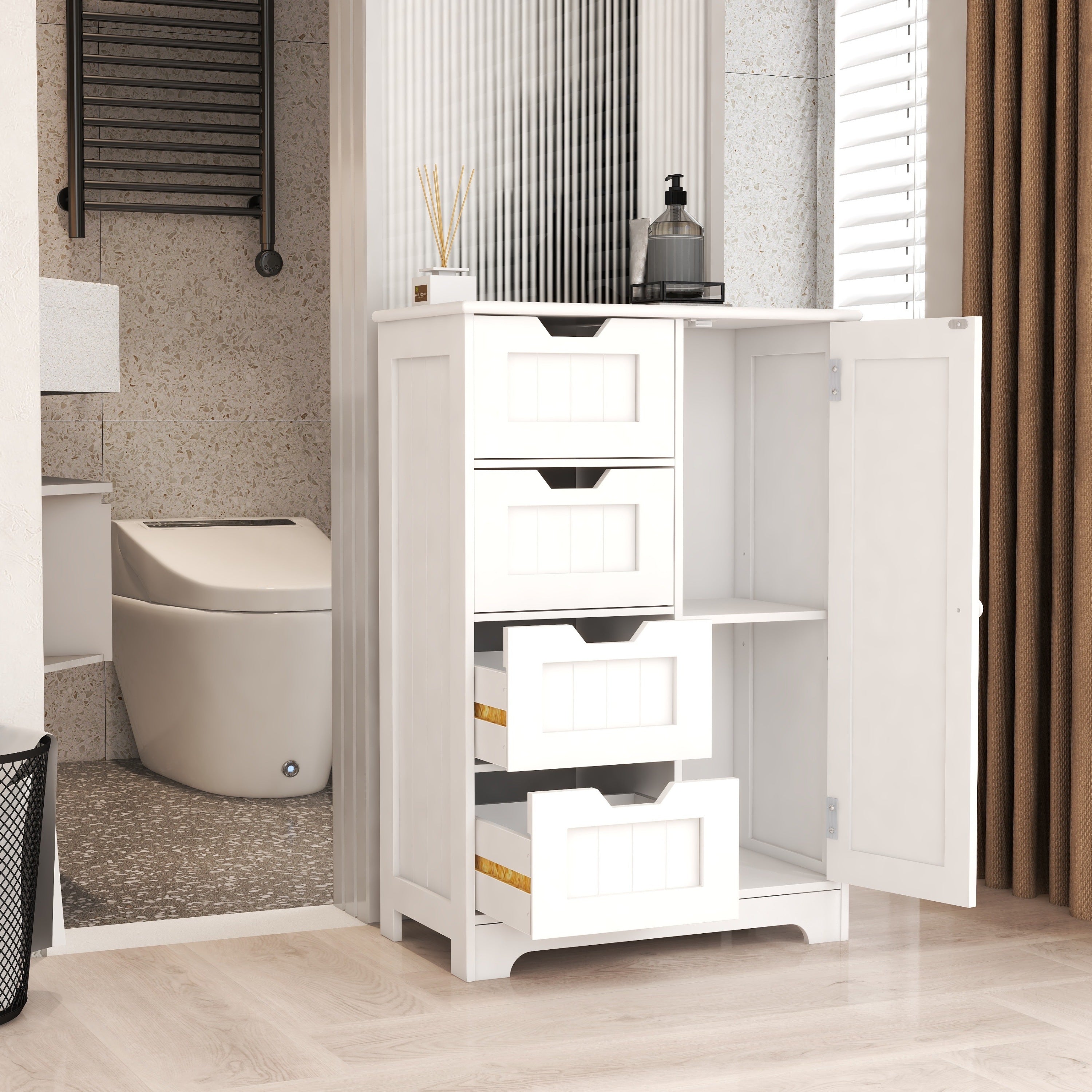 White freestanding floor storage cabinet with adjustable shelves, 4 drawers and 1 door-UH Decor-Default-Urbanheer