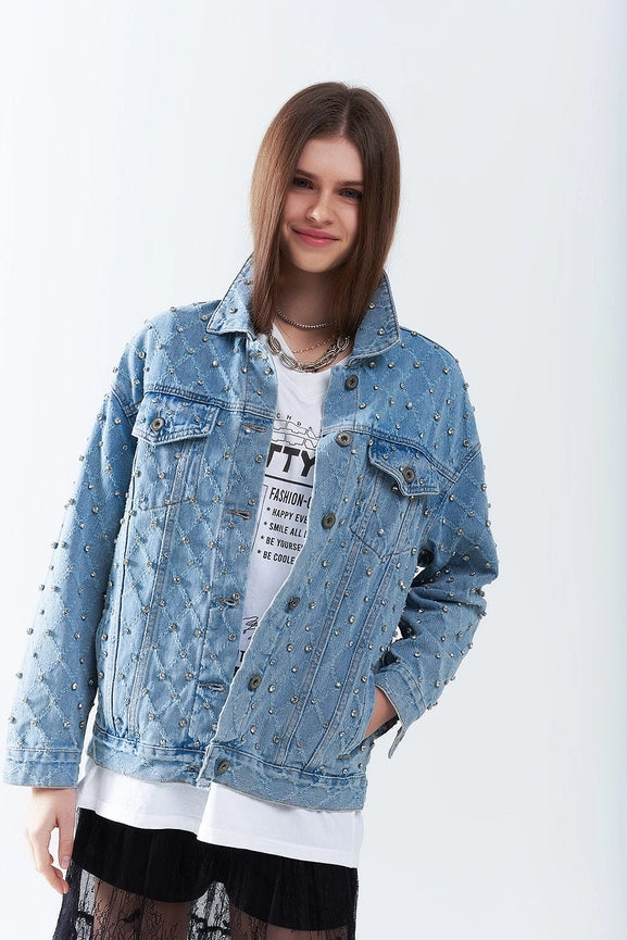 Wide Denim Jacket with Rhinestones in A Diamond Pattern from Q2 – Urbanheer