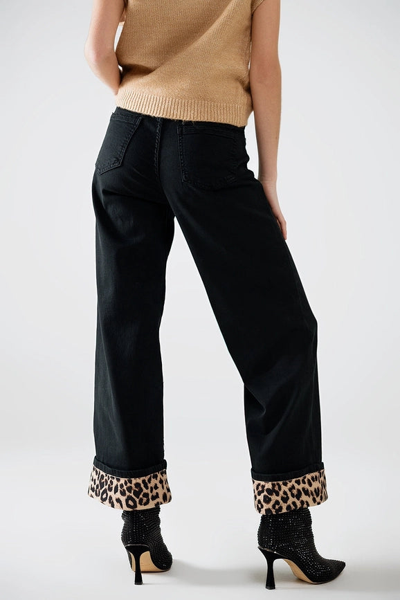 Wide Leg Black Pants with Leopard Print At the Bottom-Pants-Q2-L-Black-Urbanheer