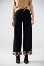 Wide Leg Black Pants with Leopard Print At the Bottom-Pants-Q2-L-Black-Urbanheer