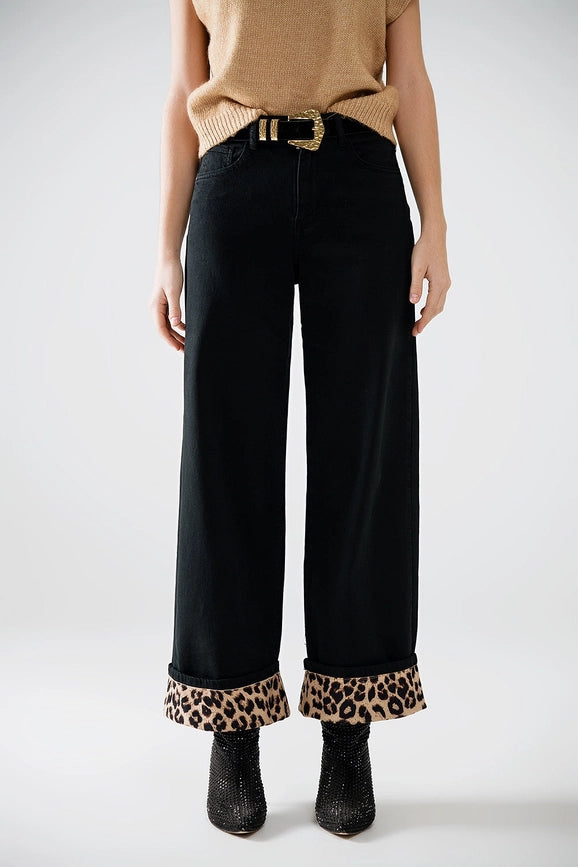 Wide Leg Black Pants with Leopard Print At the Bottom-Pants-Q2-L-Black-Urbanheer