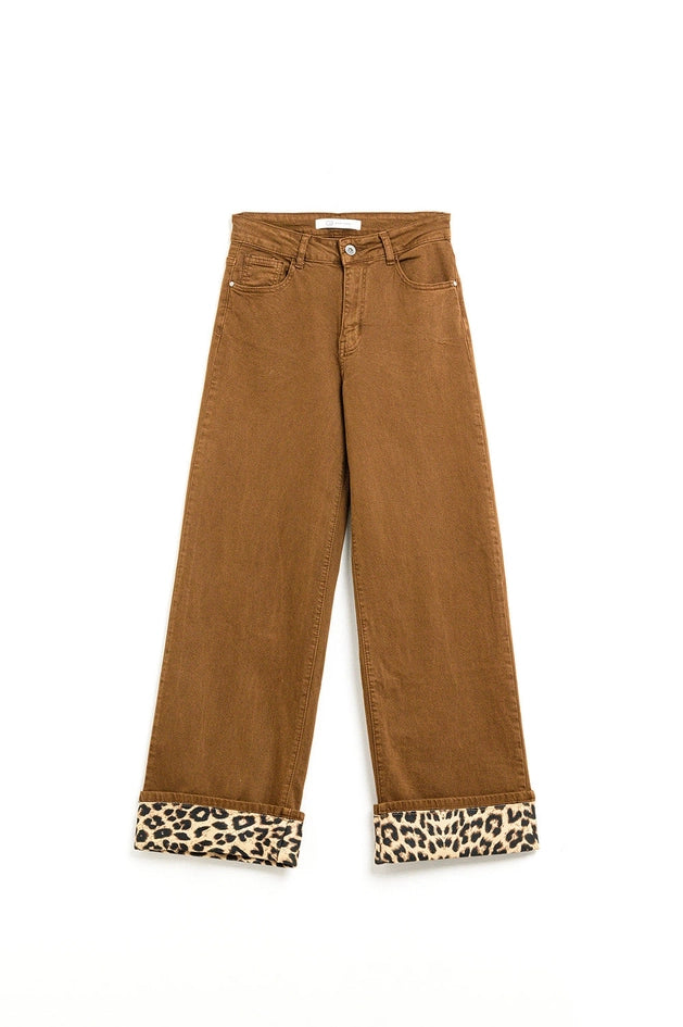 Wide Leg Camel Pants with Leopard Print At the Bottom-Pants-Q2-XS-Brown-Urbanheer