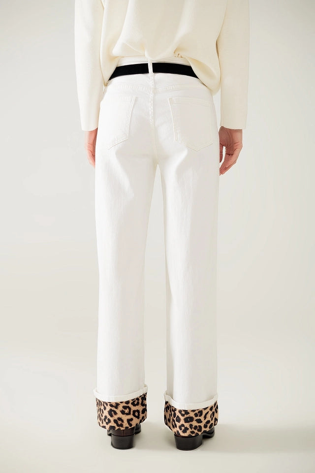 Wide Leg Cream Pants with Leopard Print At the Bottom-Pants-Q2-XS-White-Urbanheer
