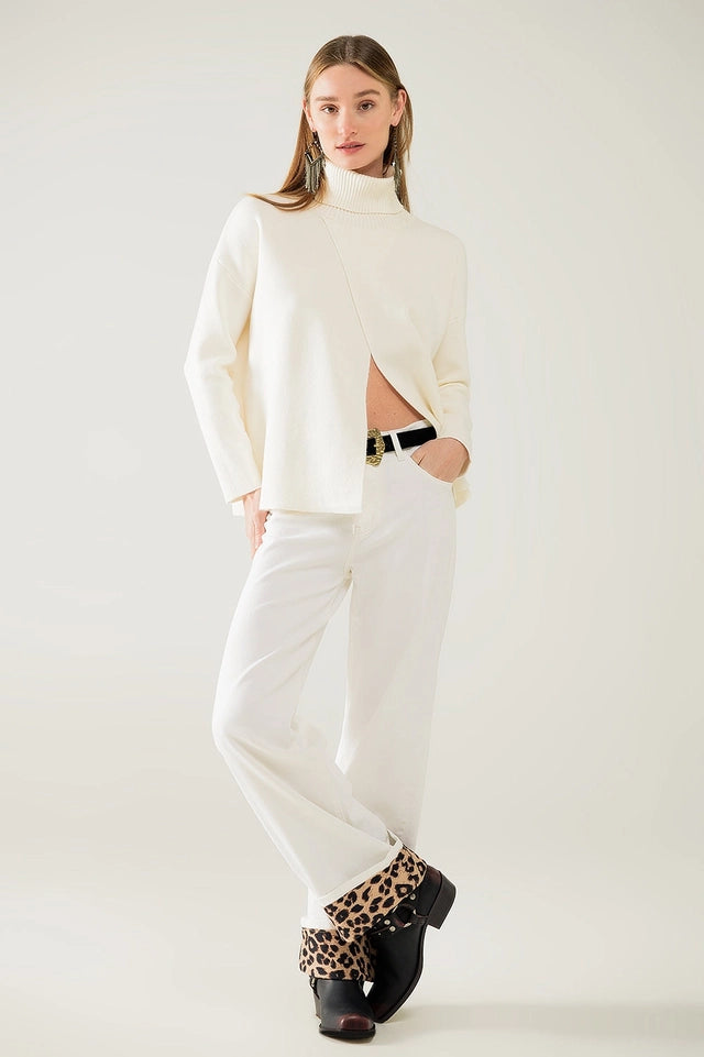 Wide Leg Cream Pants with Leopard Print At the Bottom-Pants-Q2-XS-White-Urbanheer