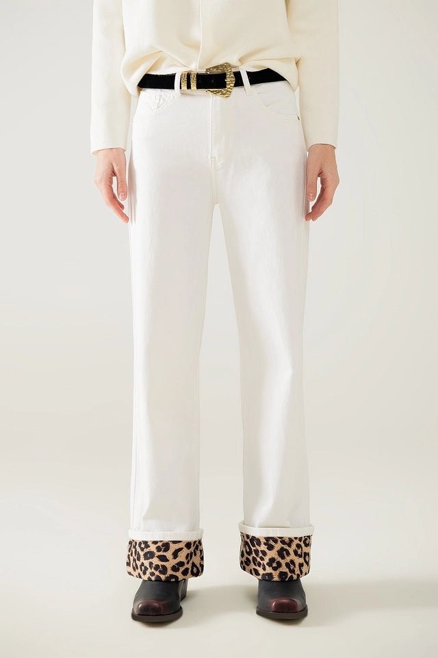Wide Leg Cream Pants with Leopard Print At the Bottom-Pants-Q2-XS-White-Urbanheer