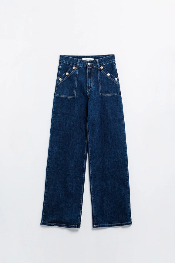Wide Leg Jeans with 3 Button Detail-Jeans-Q2-XS-Blue-Urbanheer