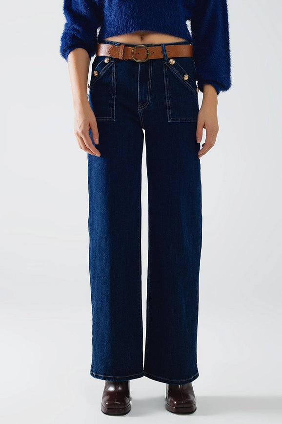 Wide Leg Jeans with 3 Button Detail-Jeans-Q2-XS-Blue-Urbanheer