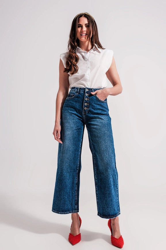 Wide Leg Jeans with Exposed Buttons-Jeans-Q2-XS-Blue-Urbanheer