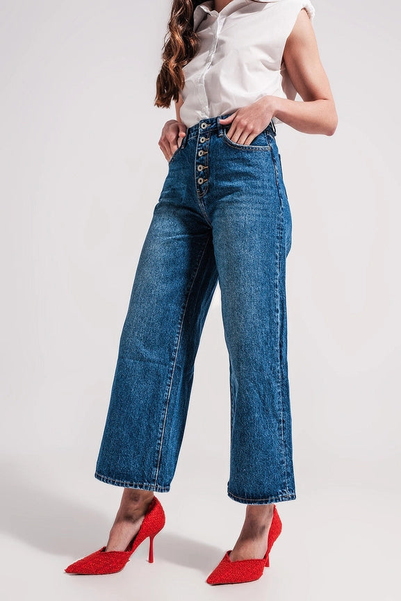 Wide Leg Jeans with Exposed Buttons-Jeans-Q2-XS-Blue-Urbanheer