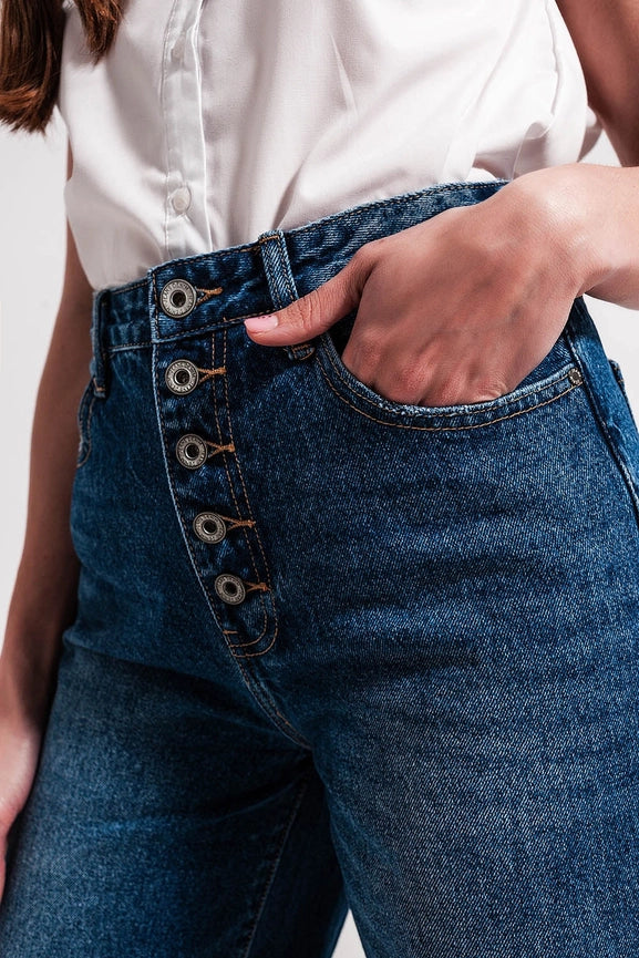 Wide Leg Jeans with Exposed Buttons-Jeans-Q2-XS-Blue-Urbanheer