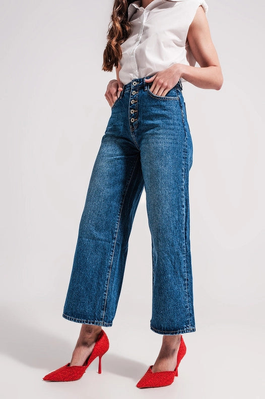 Wide Leg Jeans With Exposed Buttons-Jeans-Q2-XS-Blue-Urbanheer