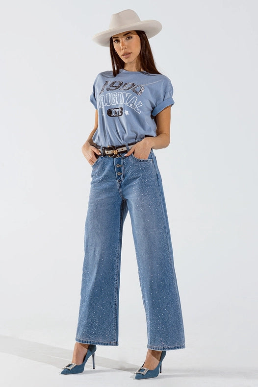 Wide Leg Jeans With Exposed Buttons And Stras Details In Mid-Jeans-Q2-XS-Blue-Urbanheer