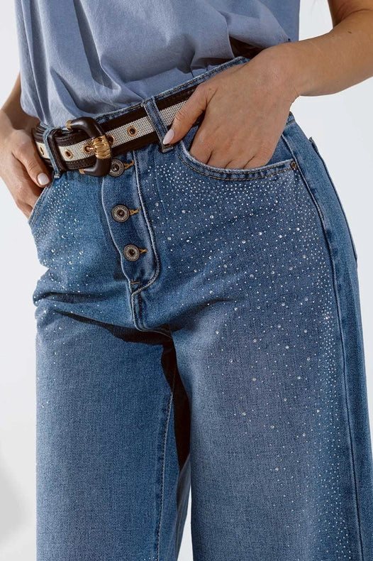 Wide Leg Jeans With Exposed Buttons And Stras Details In Mid-Jeans-Q2-XS-Blue-Urbanheer