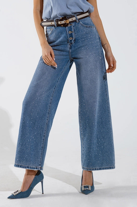 Wide Leg Jeans With Exposed Buttons And Stras Details In Mid-Jeans-Q2-XS-Blue-Urbanheer