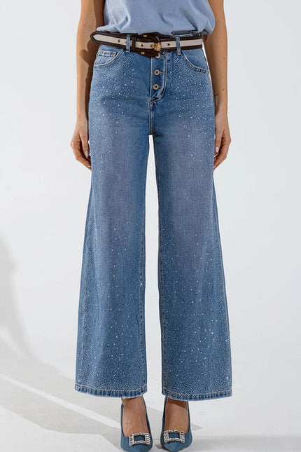 Wide Leg Jeans With Exposed Buttons And Stras Details In Mid