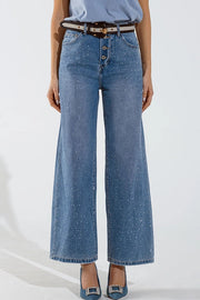 Wide Leg Jeans With Exposed Buttons And Stras Details In Mid-Jeans-Q2-XS-Blue-Urbanheer