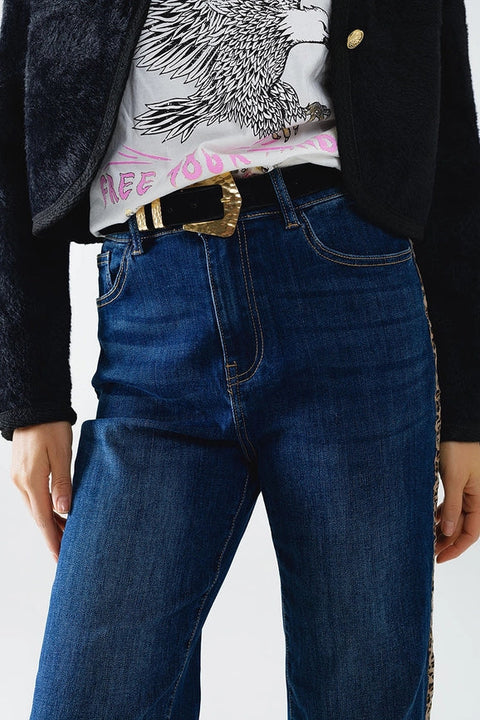 Wide Leg Jeans with Leopard Stripe On Side-Jeans-Q2-XS-Blue-Urbanheer