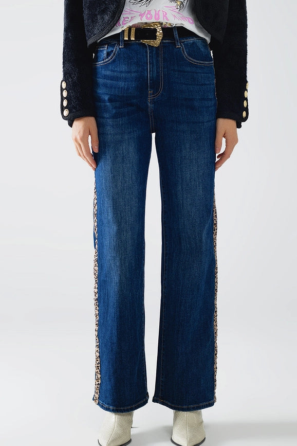 Wide Leg Jeans with Leopard Stripe On Side-Jeans-Q2-XS-Blue-Urbanheer