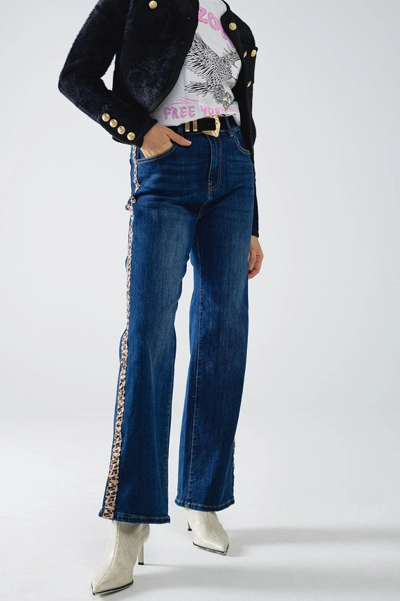 Wide Leg Jeans with Leopard Stripe On Side-Jeans-Q2-XS-Blue-Urbanheer
