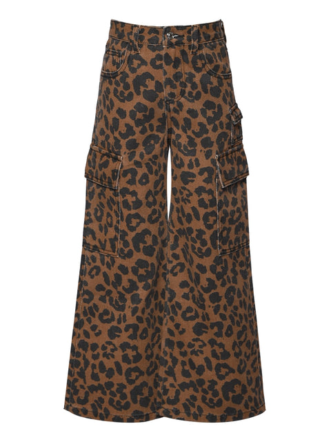 Wide Leg Leopard Print Jeans w/ Cargo Pockets