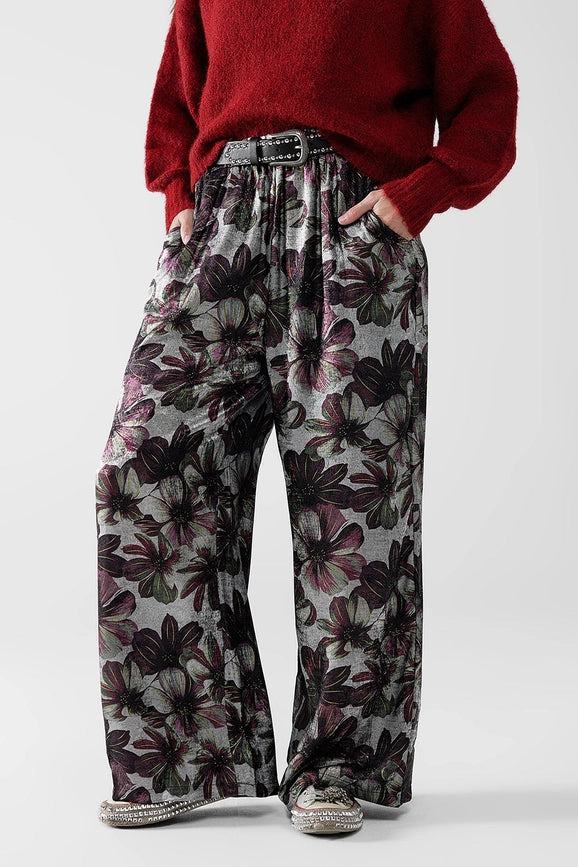 Wide-Leg Pants in Floral Print-Pants-Q2-S-Black-Urbanheer