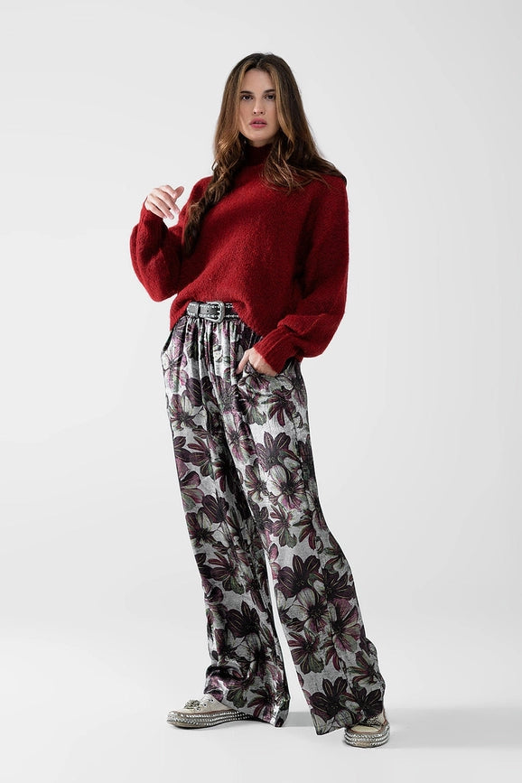 Wide-Leg Pants in Floral Print-Pants-Q2-S-Black-Urbanheer