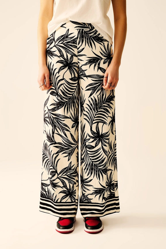 Wide Leg Pants in White with Floral Detail in Black-Pants-Q2-M-BLACK-Urbanheer