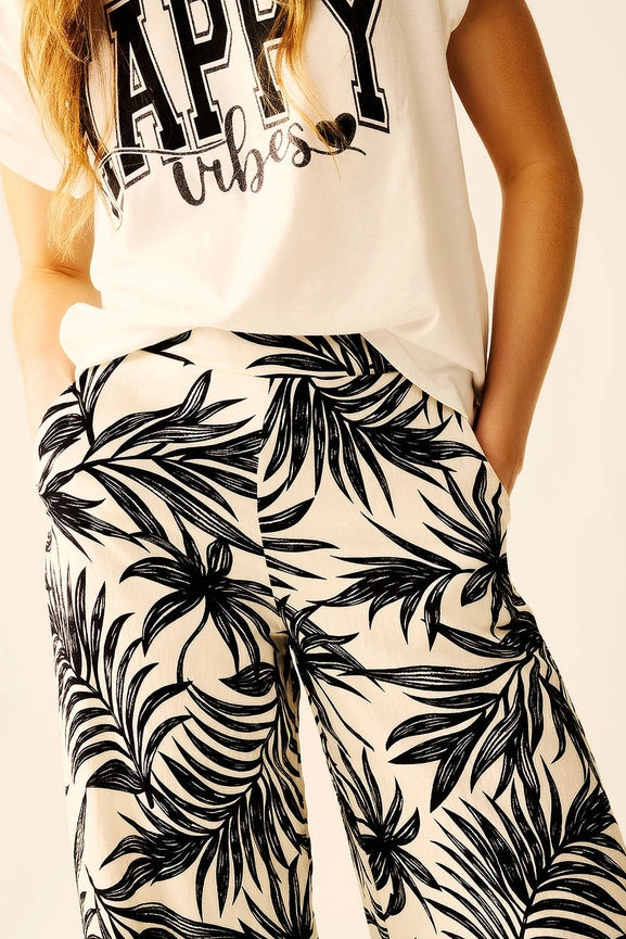 Wide Leg Pants in White with Floral Detail in Black-Pants-Q2-M-BLACK-Urbanheer