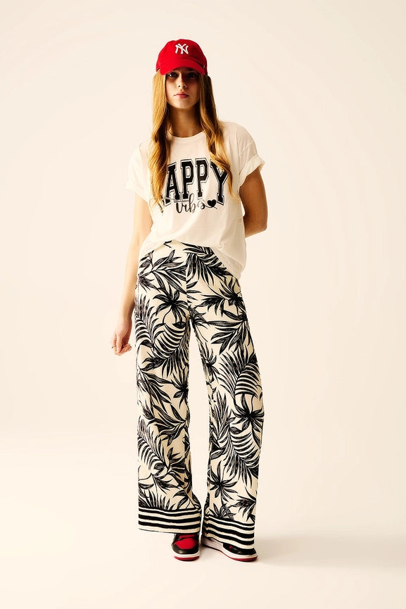 Wide Leg Pants in White with Floral Detail in Black-Pants-Q2-M-BLACK-Urbanheer