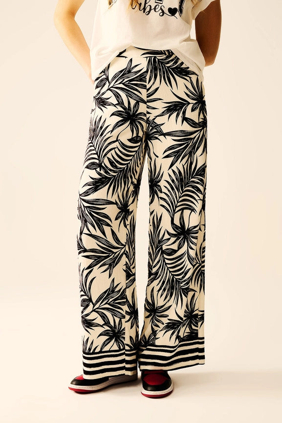 Wide Leg Pants in White with Floral Detail in Black-Pants-Q2-M-BLACK-Urbanheer