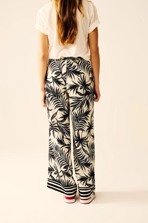 Wide Leg Pants in White with Floral Detail in Black-Pants-Q2-M-BLACK-Urbanheer
