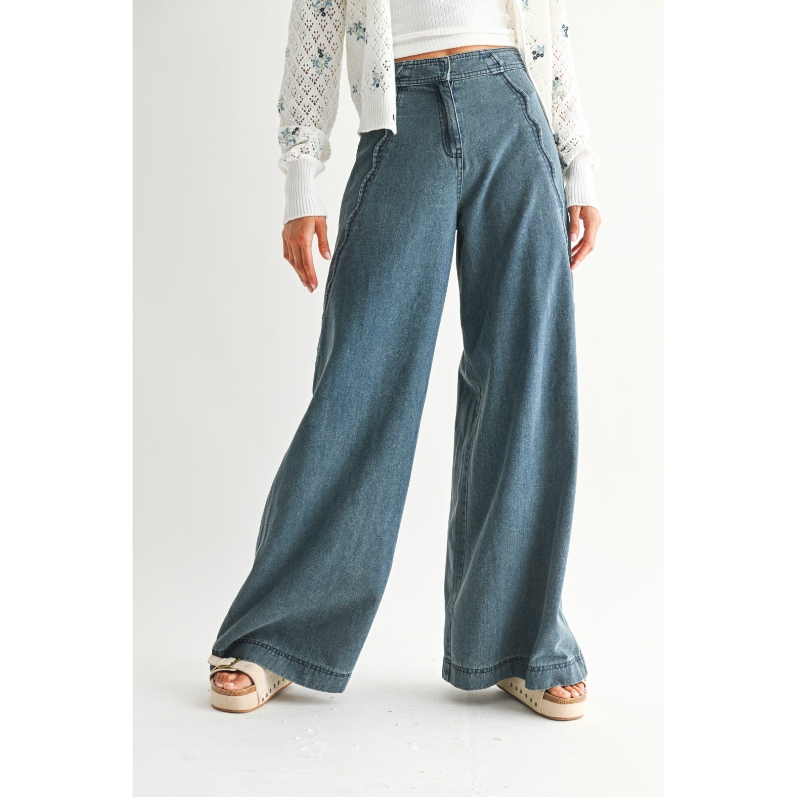 Wide-Leg Stretchy Denim Trousers