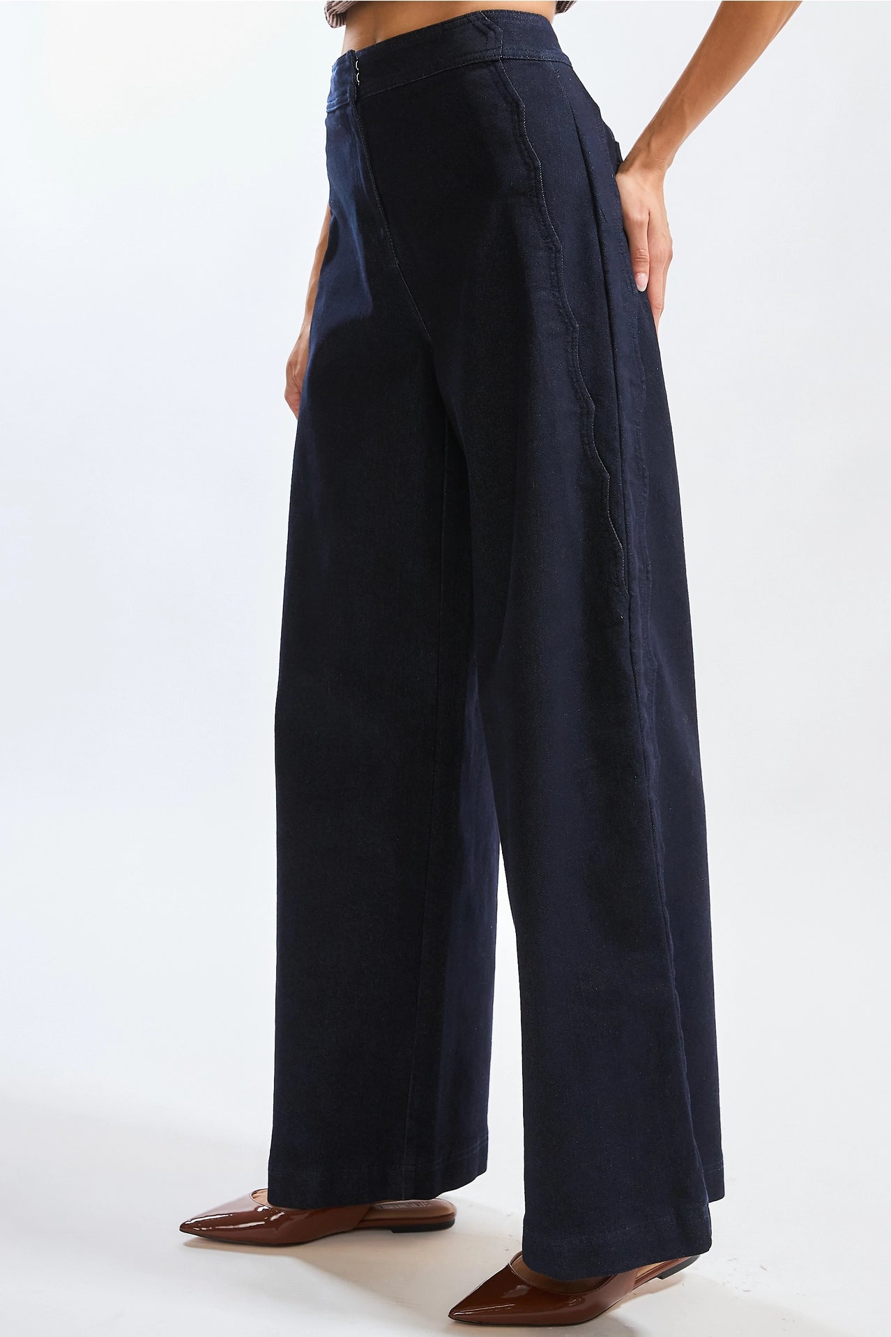 Wide-Leg Stretchy Denim Trousers