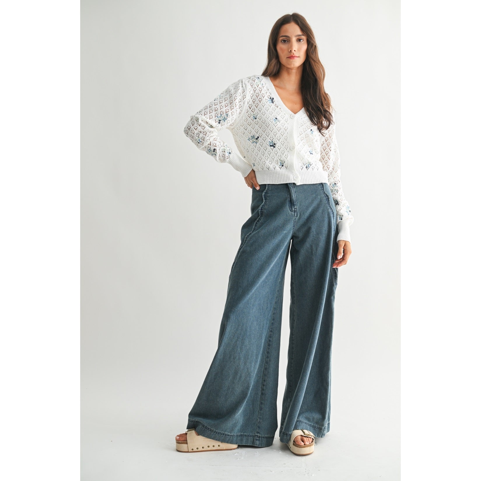 Wide-Leg Stretchy Denim Trousers