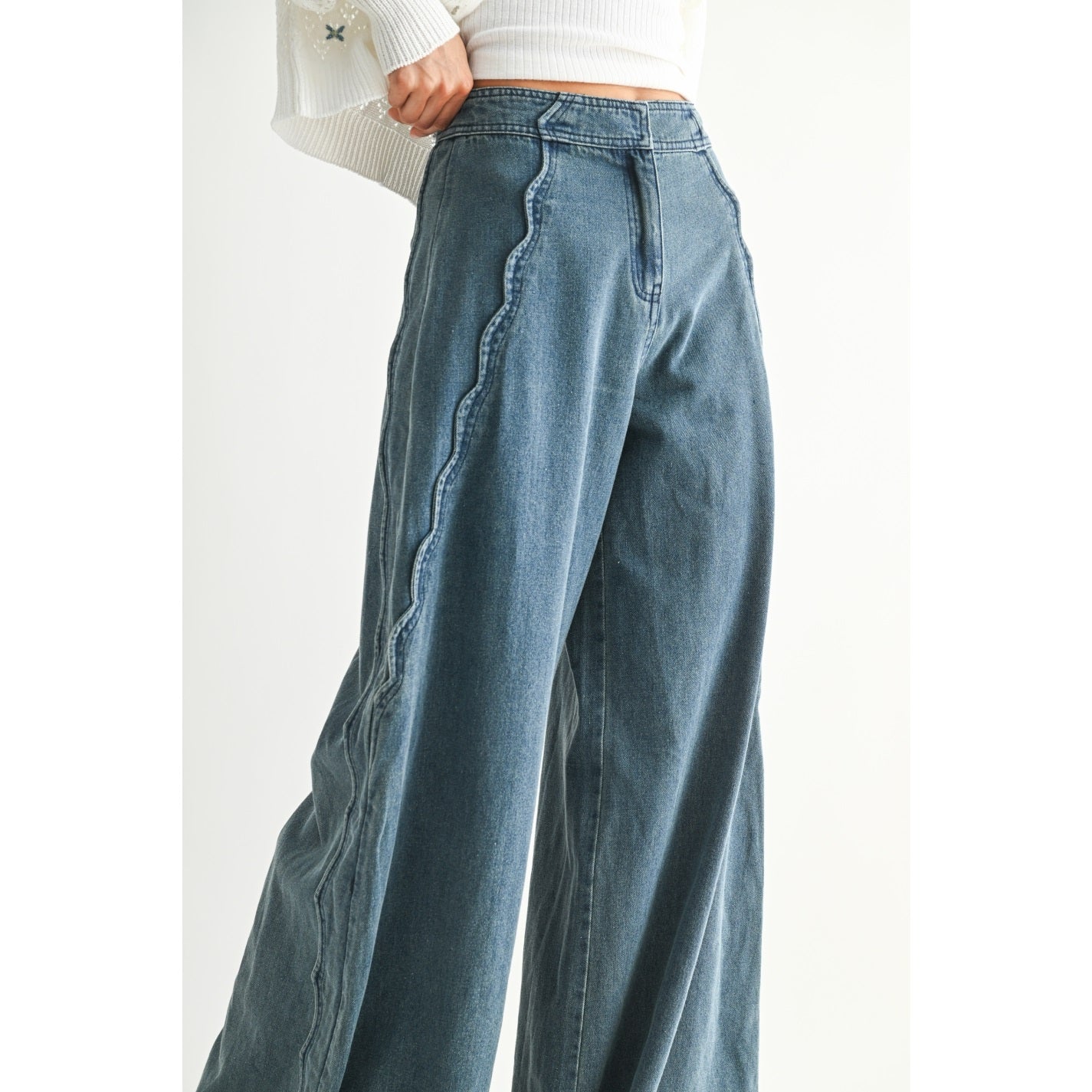 Wide-Leg Stretchy Denim Trousers