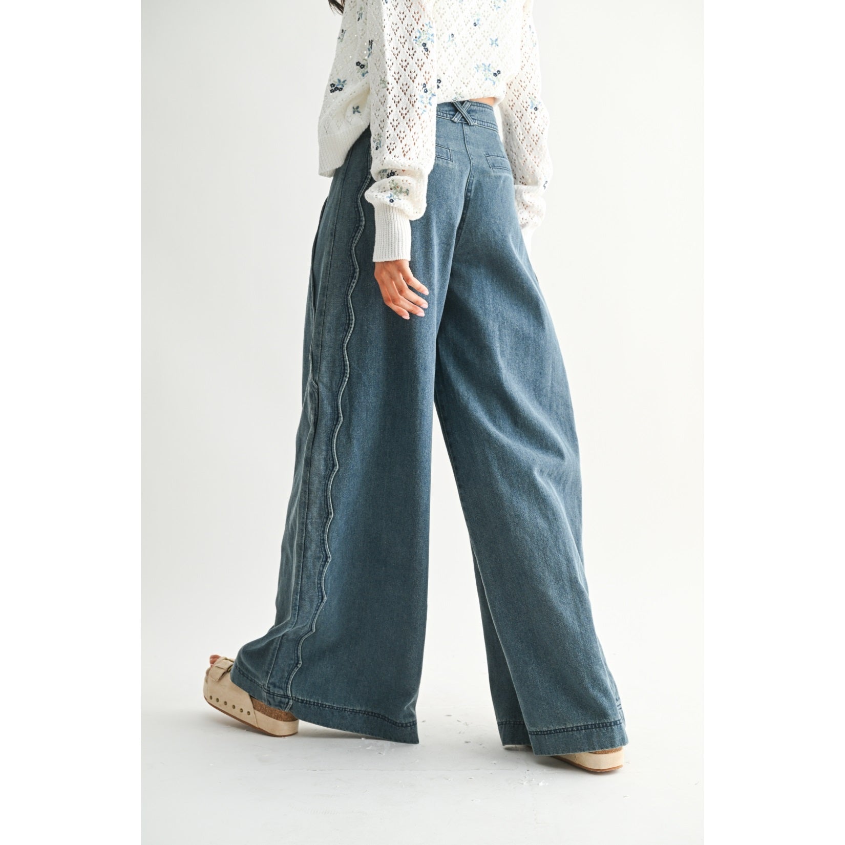 Wide-Leg Stretchy Denim Trousers