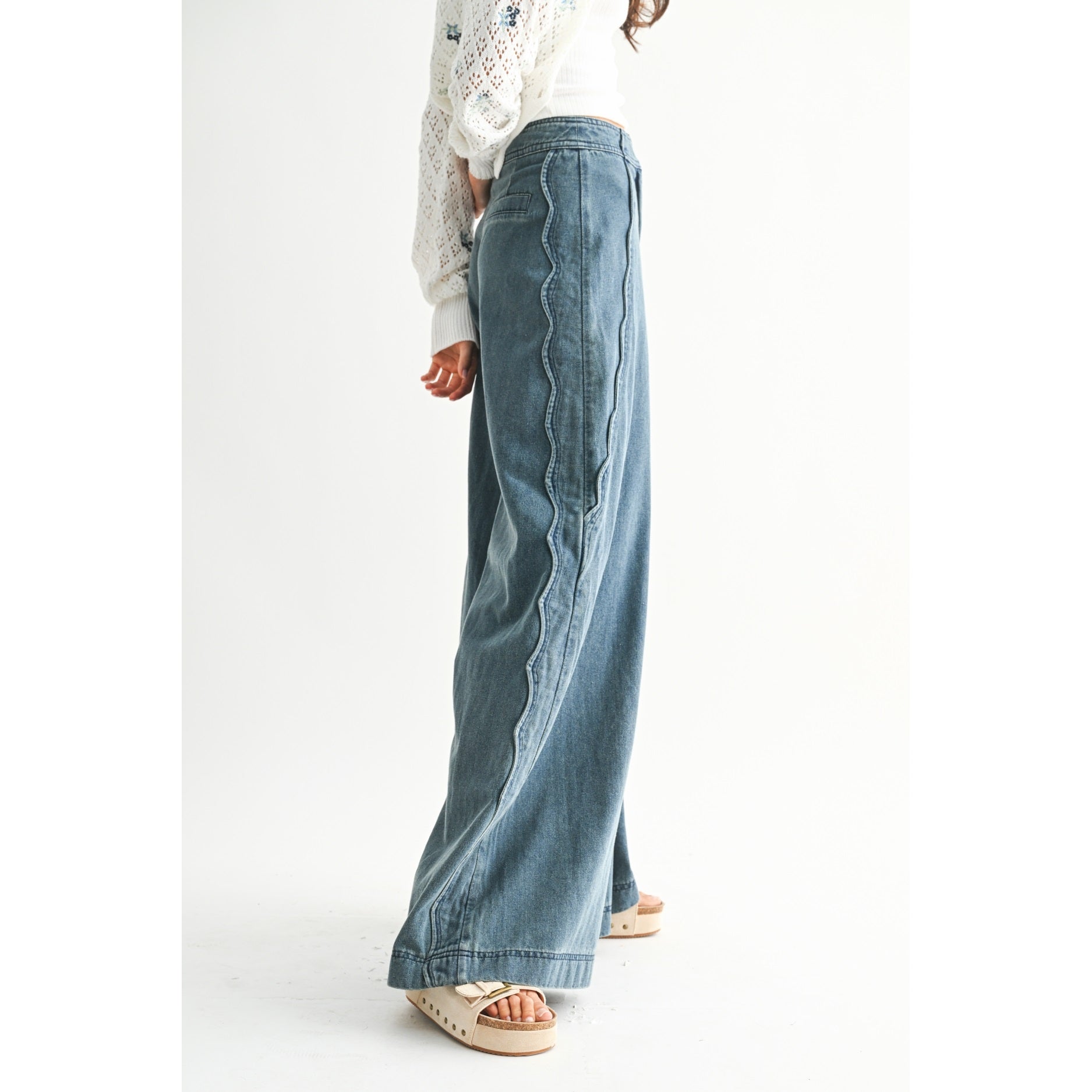 Wide-Leg Stretchy Denim Trousers