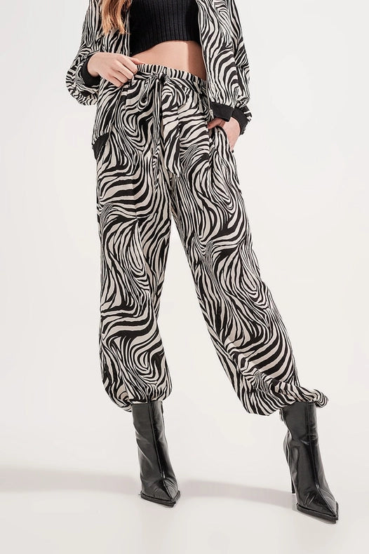 Wide Leg Trousers In Zebra Print-Trousers-Q2-S-Black-Urbanheer