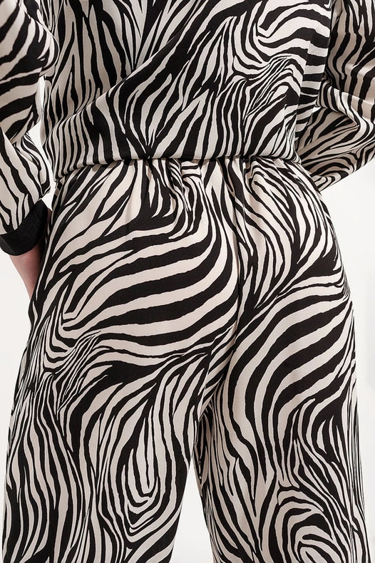 Wide Leg Trousers In Zebra Print-Trousers-Q2-S-Black-Urbanheer