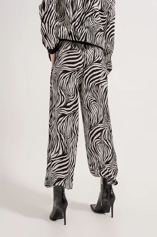 Wide Leg Trousers In Zebra Print-Trousers-Q2-S-Black-Urbanheer