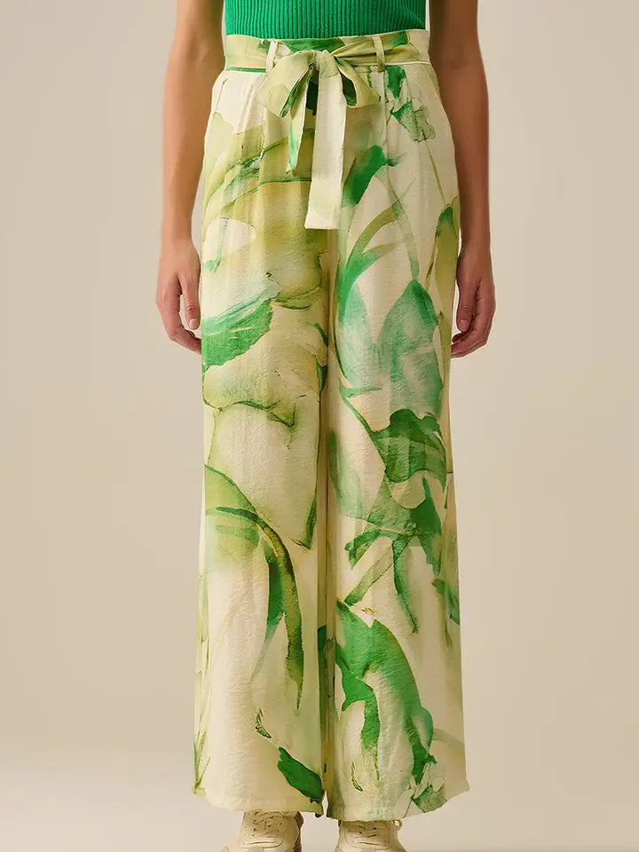 Wide Leg Trousers with Green Watercolor Print-Trousers-Q2-S-GREEN-Urbanheer