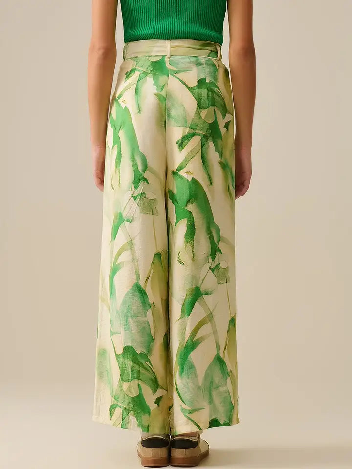 Wide Leg Trousers with Green Watercolor Print-Trousers-Q2-S-GREEN-Urbanheer